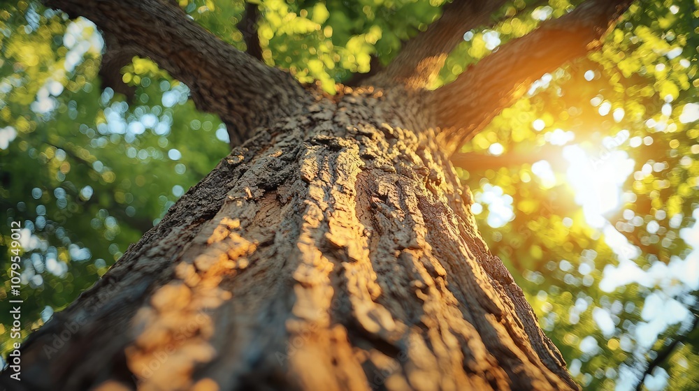 Poster close-up view of a tree trunk with sunlight filtering through the leaves.