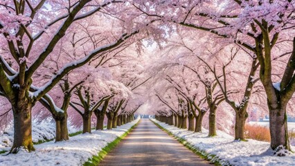 Fototapeta premium Cherry blossom trees lining a snow-covered path , Sakura, sakura blowing snow, cherry blossoms
