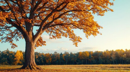 Fototapeta premium Majestic autumn tree with vibrant orange leaves in a serene landscape.