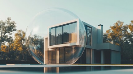 The AI-generated interior of a modern home is a transparent bubble that represents the concept of protection and property insurance.