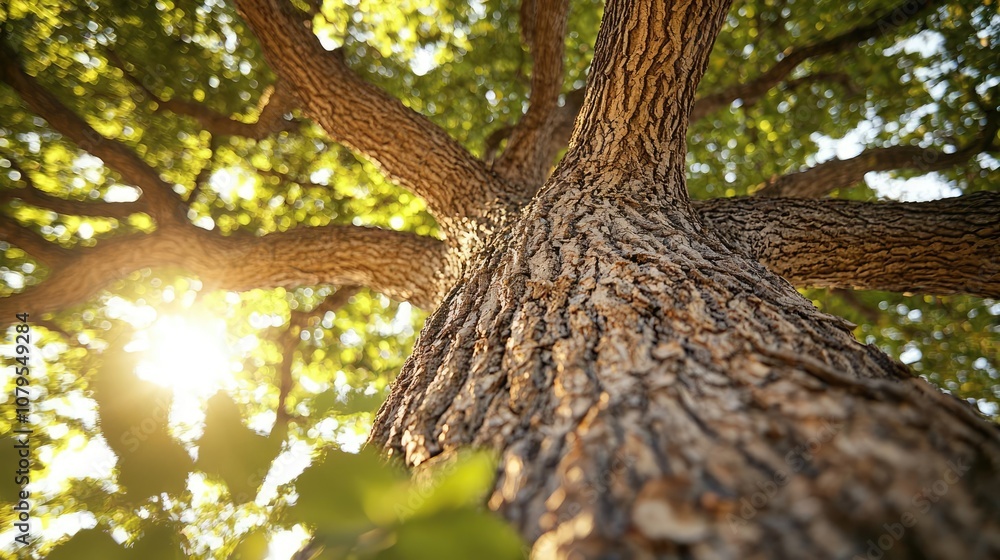 Aufkleber close-up view of a sturdy tree trunk with sunlight filtering through green leaves.