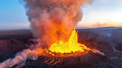 Erupting volcano, glowing lava, dramatic smoke, dynamic natural phenomenon.