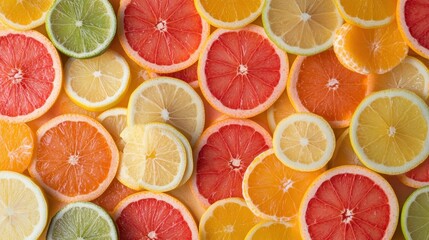 Obraz premium Colorful Citrus Fruit Slices Background - Oranges, Grapefruits, Lemons, Limes - Fresh, Juicy, Vitamins, Healthy, Food, Texture.