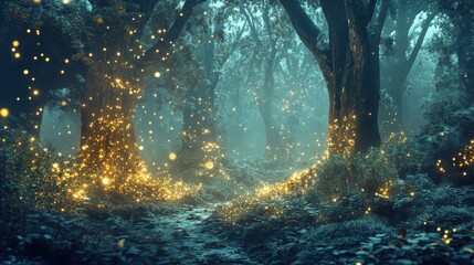 Magical Forest Path with Glowing Fireflies and a Stream - Enchanting Nature Scene.