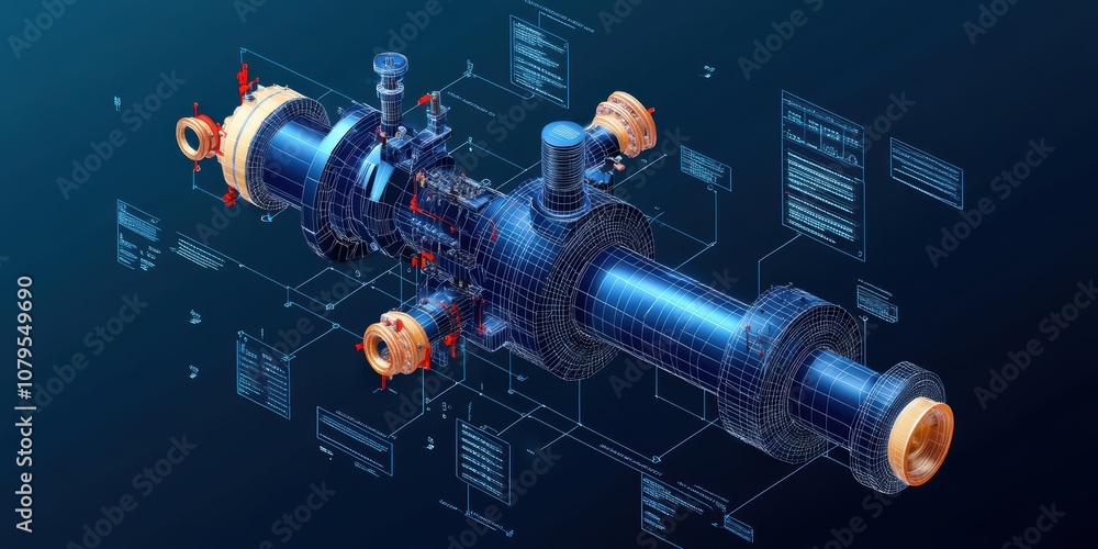 Poster oil pipeline valve design and analysis industrial environment 3d rendered visualization technical pe