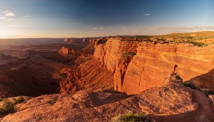 Towering Cliffs Overlooking a Vast Desert Canyon, With Jagged Rock Formations and Deep Red Sands Under the Midday Sun, Creating a Rugged, Timeless Landscape