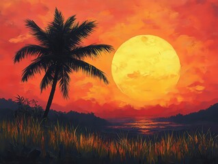 Tropical sunset glow, golden hues enveloping the sky, silhouette of a palm tree framing a serene evening scene
