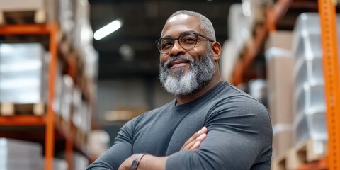 Obraz premium Confident older male retail manager smiling in warehouse setting close-up portrait professional environment positive vibes