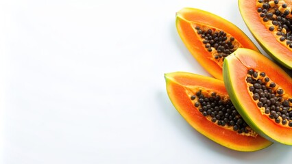 Fresh papaya fruit slices on a white background, papaya, fruit, slices, tropical, juicy, sweet, healthy, fresh, vibrant