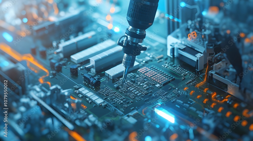 Aufkleber a robotic arm assembles a circuit board in a factory setting, highlighting advanced technology in ma