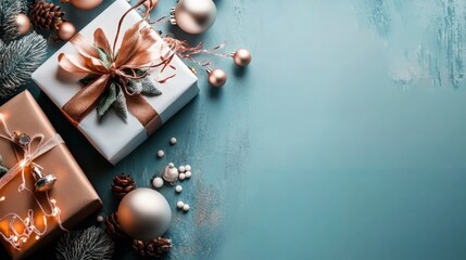 Festive gifts and ornaments arranged on a textured teal background with holiday decor.