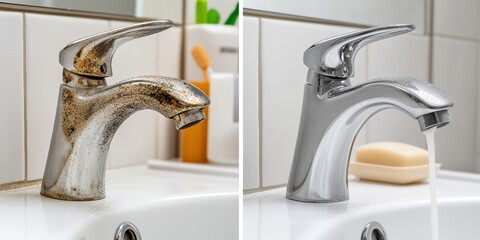 Comparison of dirty and clean stainless faucet covers home bathroom image series cleanliness demonstration side-by-side view visual contrasts for home maintenance