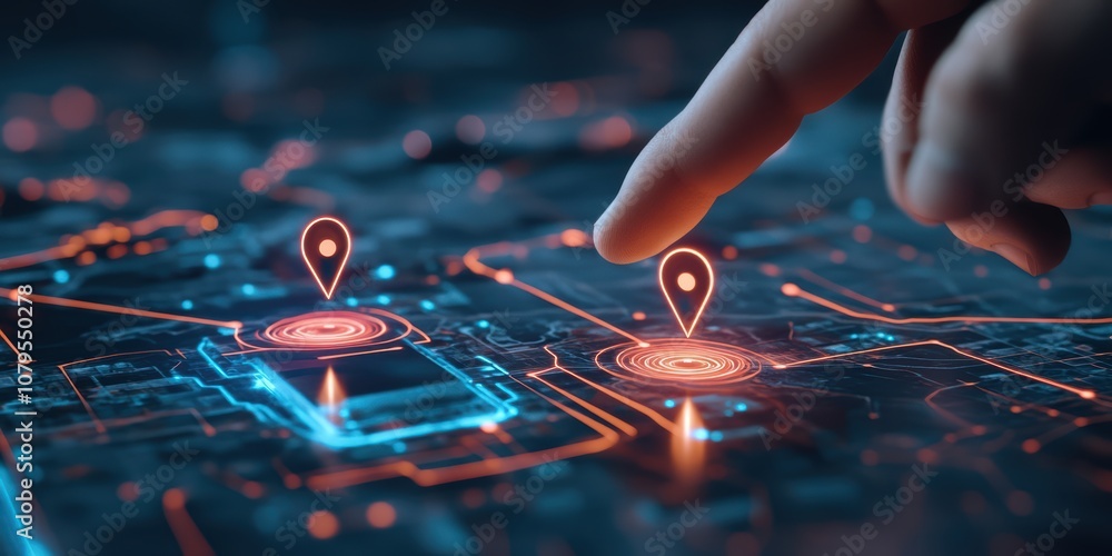 Poster mapping digital location with ai technology interactive hand interaction on map urban environment hi