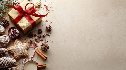 Festive holiday arrangement with gift, pinecones, and spices on a beige background.