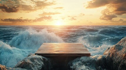 Wooden Platform Overlooking Dramatic Ocean Waves at Sunset.