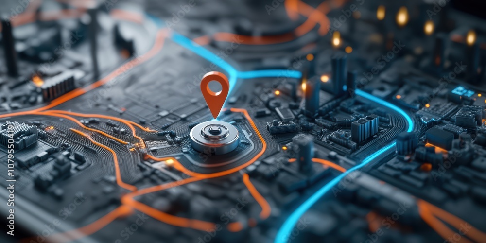 Poster mapping digital locations with ai technology hand set coordinates on map with two pins in urban envi