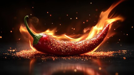A single red chili pepper engulfed in flames with red chili flakes scattered around it.