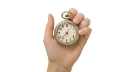 A hand holding a stopwatch on white transparent background

