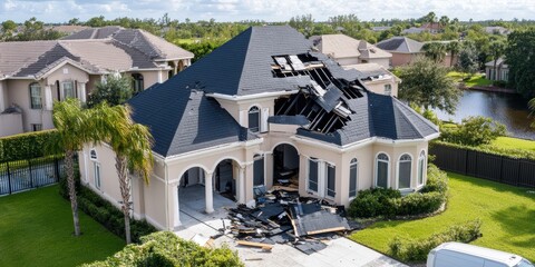 Hurricane ian damage assessment florida residential area aerial view roof destruction post-storm recovery