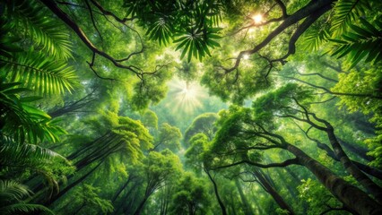 Obraz premium Abstract rainforest canopy print with minimalist design featuring lush green foliage and intricate tree branches, nature