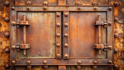Rusty steel hatch doors secured with nuts and bolts , industrial, metal, rust, aged, weathered, old, vintage