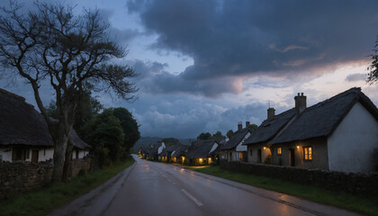 Quiet Village Road at Dusk Under a Brooding Sky with Heavy Clouds