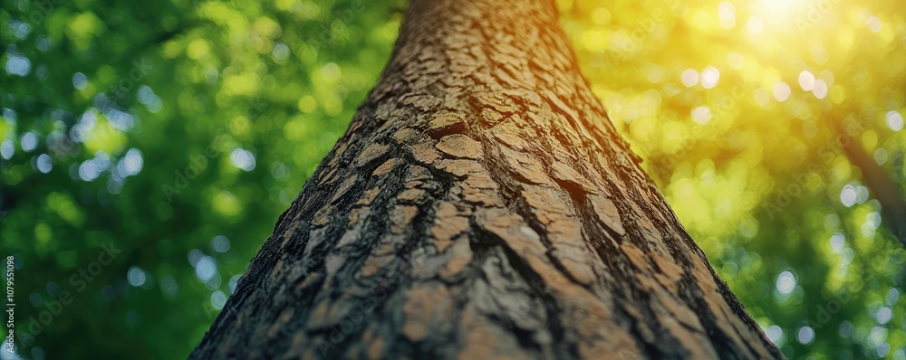 Poster close-up view of a tree trunk in sunlight, showcasing intricate bark texture.