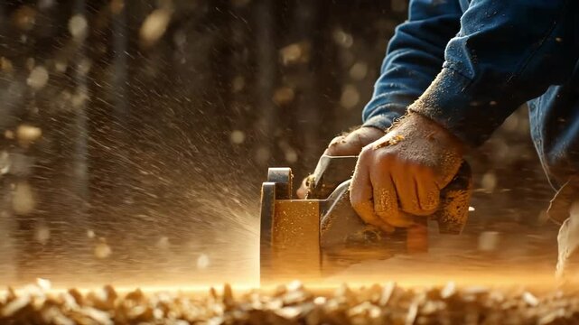 A carpenter's hand using a power planer to shape a piece of wood, with sawdust flying in the air.