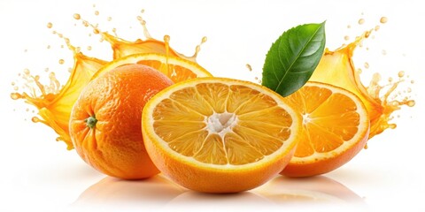 Fresh orange halves with splashes of orange juice on a white background, fresh, orange, halves, splashes, juice, healthy