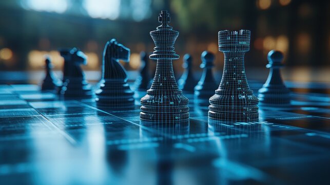 Close up of chess pieces on a digital board, with the king and rook in focus.
