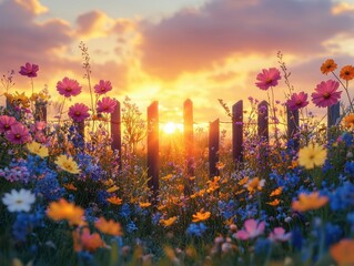 Golden Summer Sunset Over Wildflower Field, a breathtaking scene of vibrant colors illuminating nature's beauty in full bloom.