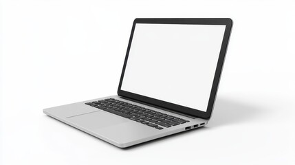 Modern Silver Laptop with Blank Screen Isolated on White Background.