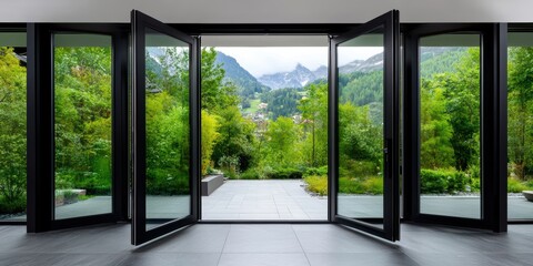 Open black aluminum swing doors revealing lush nature view modern architecture serene environment interior perspective