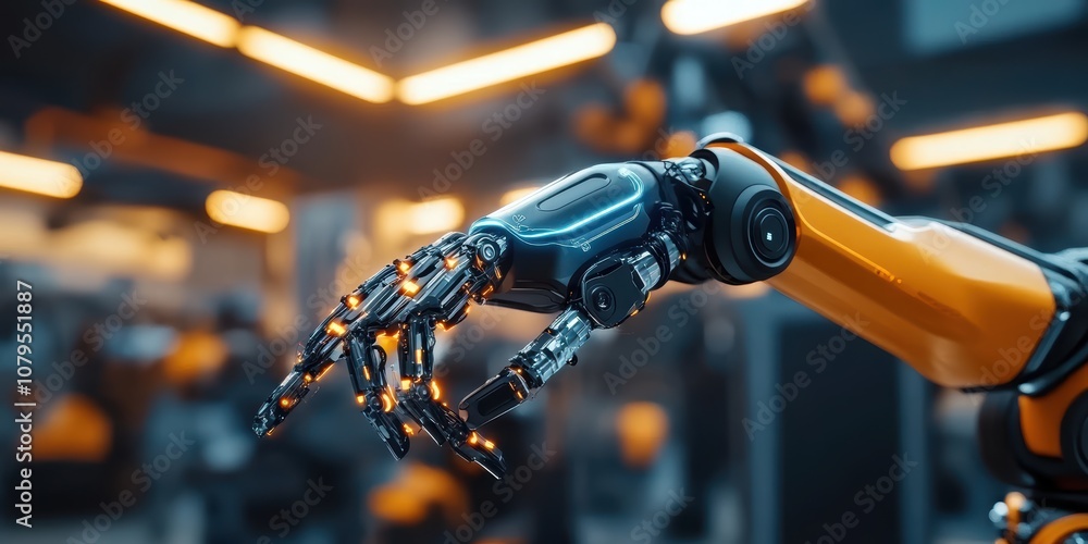 Poster industrial robotics arm in action modern factory high-resolution close-up futuristic environment tec