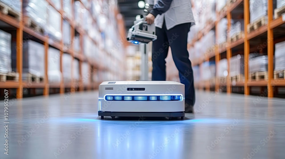 Poster autonomous robot navigating a warehouse aisle