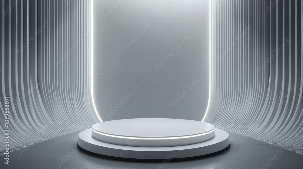 Poster minimalist white podium with neon lights and abstract background - 3d rendering.