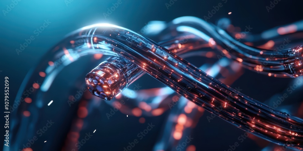 Poster connecting network cables and optical fibers with lights in a high-tech environment digital perspect