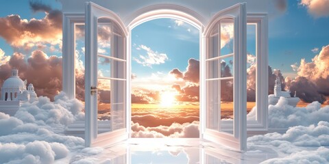 Sunlight streaming through new plastic window frames scenic cloudscape digital art inspirational...