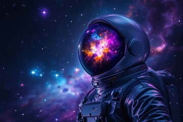 Astronaut in a Cosmic Landscape with Nebula Reflections in Helmet