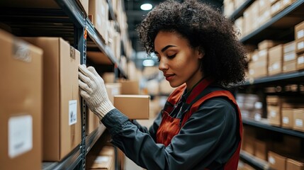 Woman in a Warehouse Reaching for a Box on a Shelf