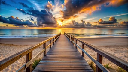 Fototapeta premium Wooden bridge leading to calm beach at sunset with cloudy sky, wooden, bridge, beach, calm, peaceful, sunset, cloudy, sky