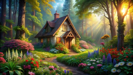 House in a magical forest surrounded by lush greenery and colorful flowers, enchanted, fantasy, woods, fairytale