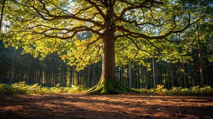 Fototapeta premium Majestic tree with lush green leaves in a serene forest setting.
