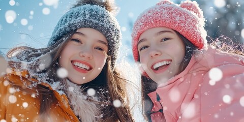 Cheerful young women enjoying snowflakes outdoors winter wonderland photo bright environment upbeat concept