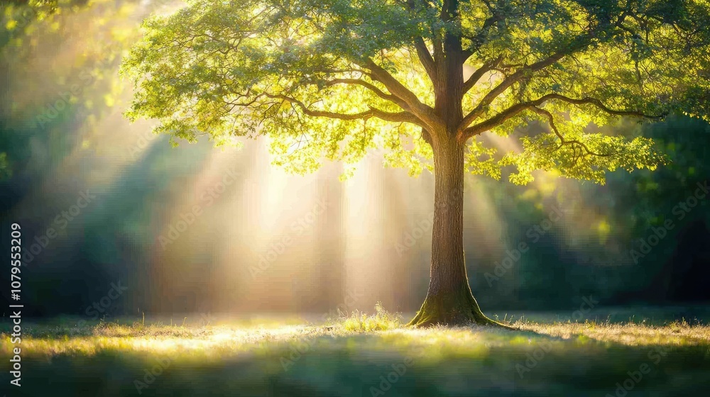 Aufkleber sunlight filtering through a lush green tree in a serene forest setting.