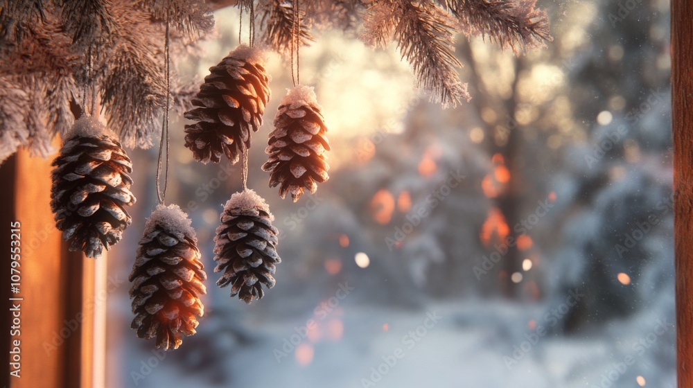 Poster pinecones covered with snow dangle from frosty branches, capturing the tranquil beauty of winter at 