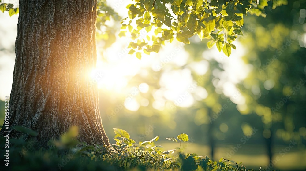 Poster sunlight filtering through the leaves of a tree in a tranquil natural setting.