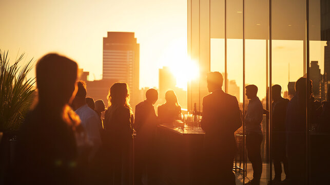 Group of Professionals Networking on a Rooftop Terrace at Sunset with Stunning City Skyline Views