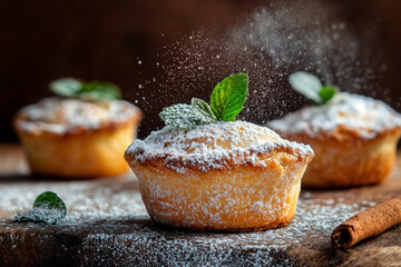 Festive Christmas Mince Pie with Powdered Sugar and Mint