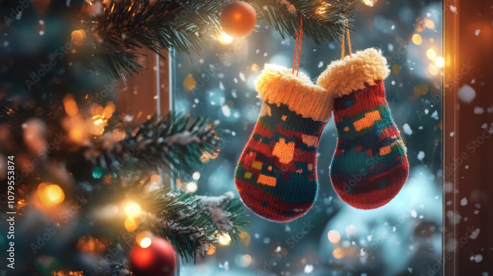 Poster knitted mittens in vibrant colors hang from a christmas tree, illuminated by warm lights, while gent